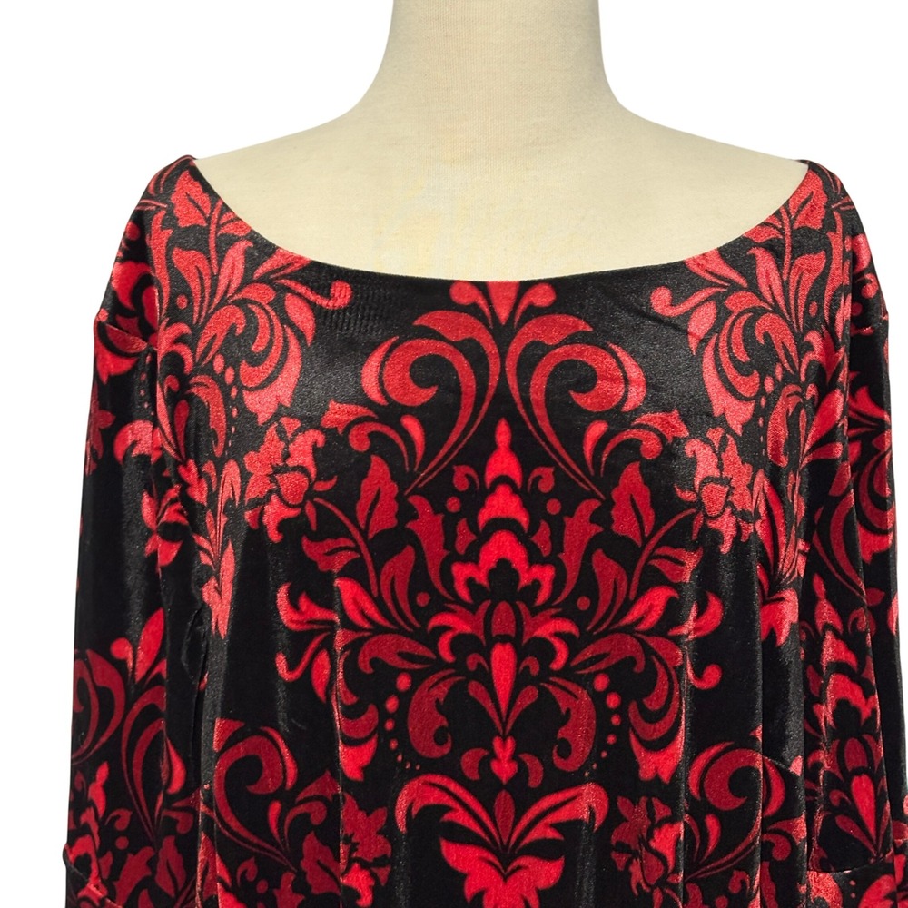 Studio One 22W Velvet Burnout Dress Red Black Whimsigoth Damask Bell‎ Sleeve - Picture 2 of 15